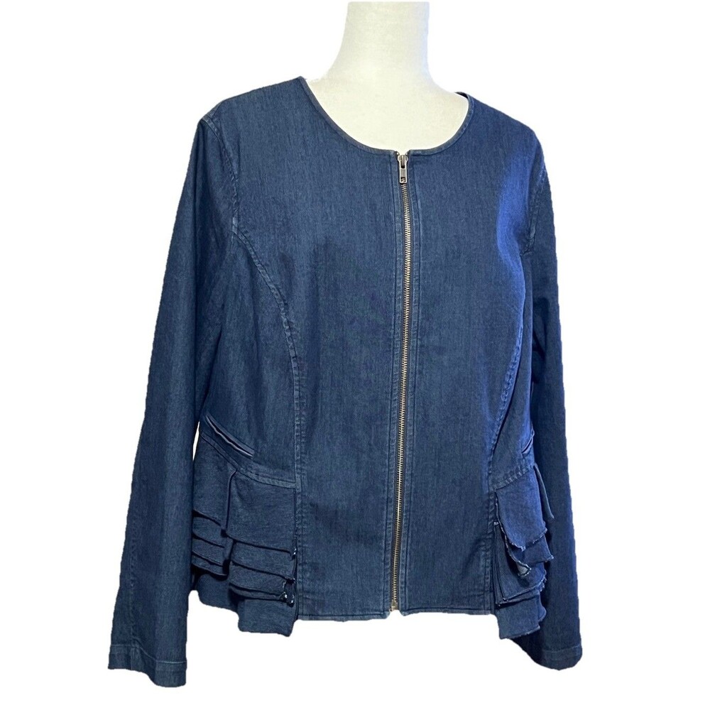 LOGO by Lori Goldstein Instant Chic Dark Blue Denim Jacket W Ruffle Detail 1X